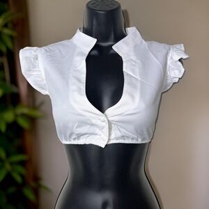 New Medium White Ruffle Sleeve Dirndl Undershirt Top Long High V Neck Blouse